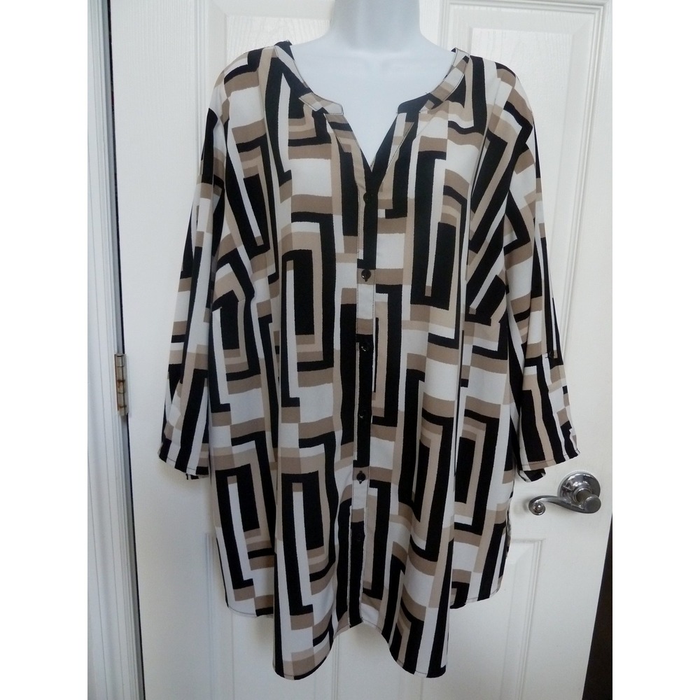 CATHERINE'S Sz 2X 22/24W Color Block Roll-Tab Sleeve Button Blouse Tunic Office